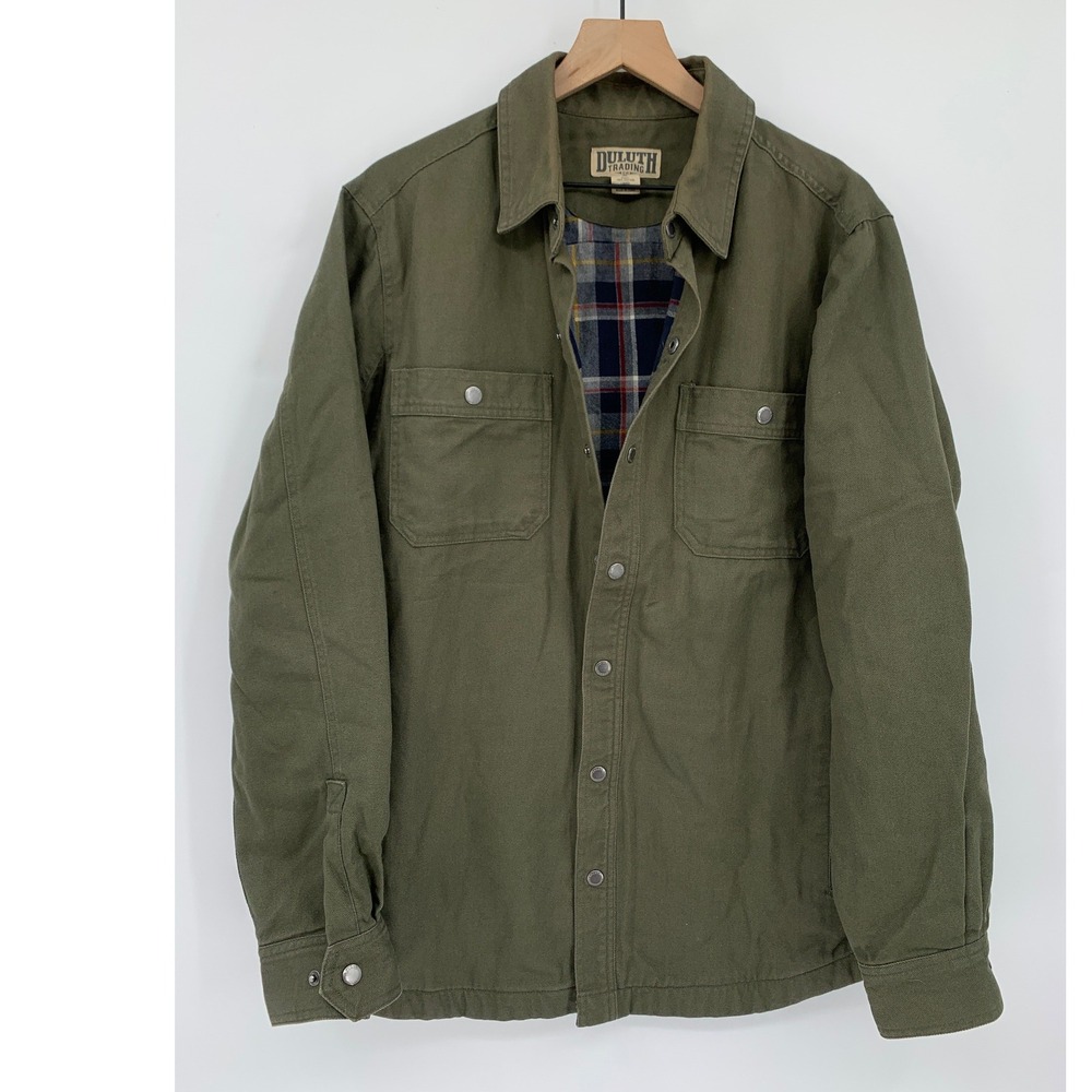 Duluth Trading Jacket Mens Medium Green Plaid Flannel Lined Canvas Shacket